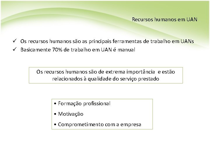 Recursos humanos em UAN ü Os recursos humanos são as principais ferramentas de trabalho