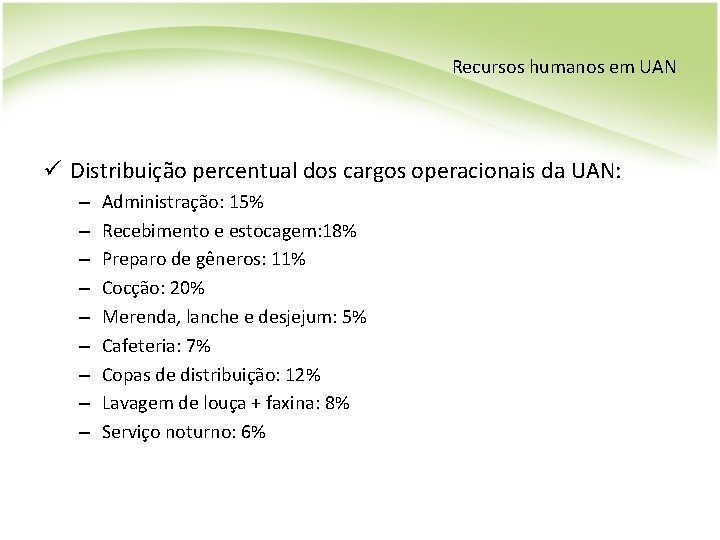 Recursos humanos em UAN ü Distribuição percentual dos cargos operacionais da UAN: – –