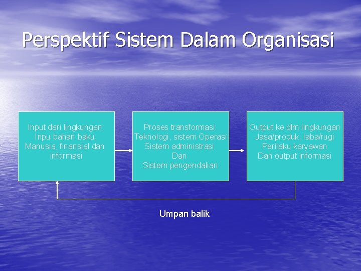 Perspektif Sistem Dalam Organisasi Input dari lingkungan: Inpu bahan baku, Manusia, finansial dan informasi