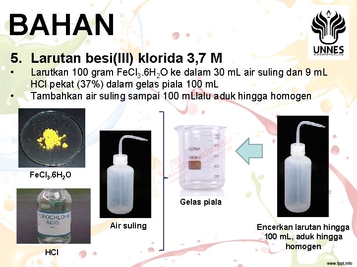 BAHAN 5. Larutan besi(III) klorida 3, 7 M • • Larutkan 100 gram Fe.