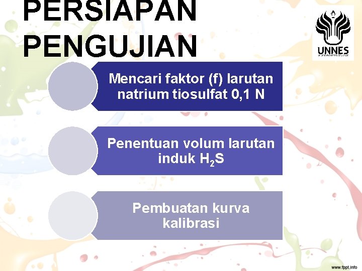 PERSIAPAN PENGUJIAN Mencari faktor (f) larutan natrium tiosulfat 0, 1 N Penentuan volum larutan