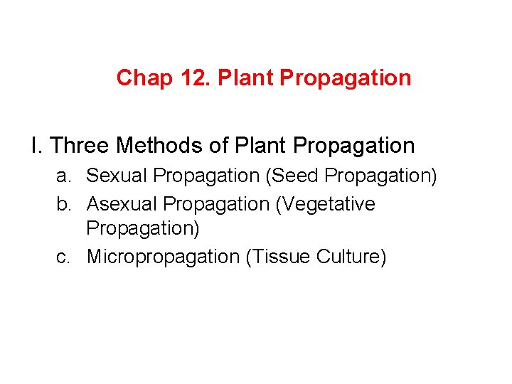 Chap 12. Plant Propagation I. Three Methods of Plant Propagation a. Sexual Propagation (Seed