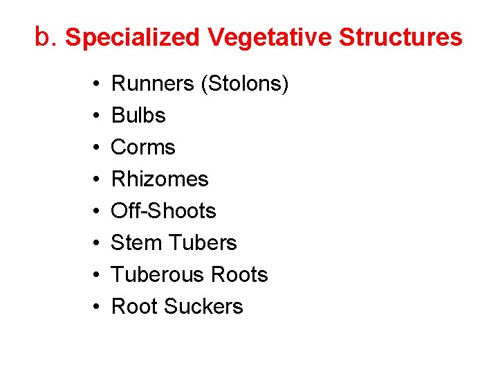 b. Specialized Vegetative Structures • • Runners (Stolons) Bulbs Corms Rhizomes Off-Shoots Stem Tubers