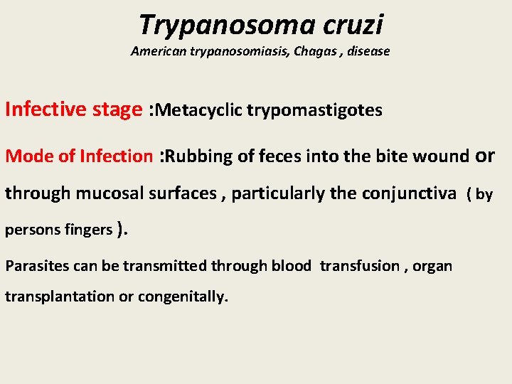 Trypanosoma cruzi American trypanosomiasis, Chagas , disease Infective stage : Metacyclic trypomastigotes Mode of