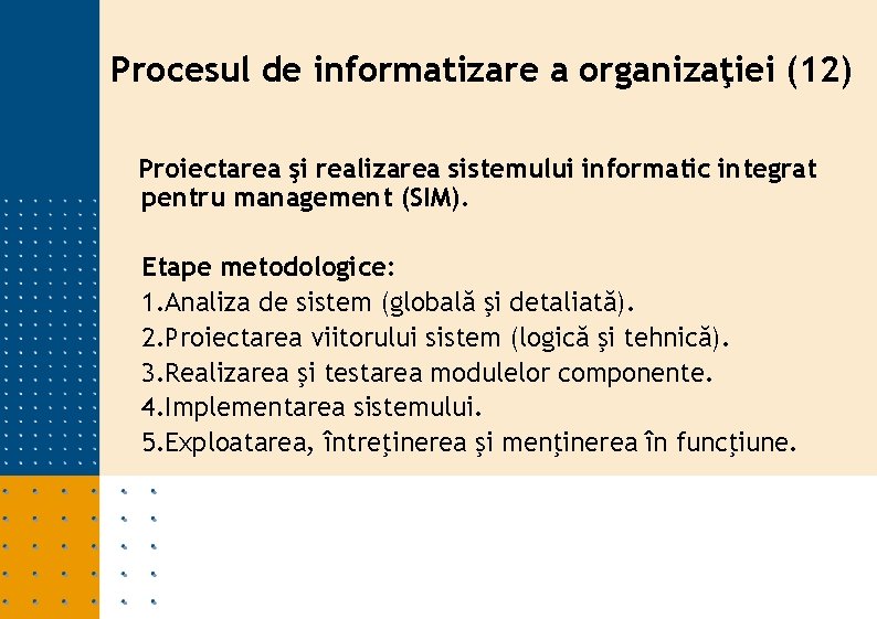 Procesul de informatizare a organizaţiei (12) Proiectarea şi realizarea sistemului informatic integrat pentru management