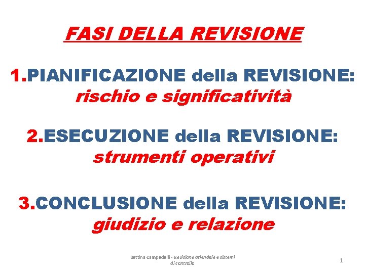 FASI DELLA REVISIONE 1. PIANIFICAZIONE della REVISIONE: rischio e significatività 2. ESECUZIONE della REVISIONE: