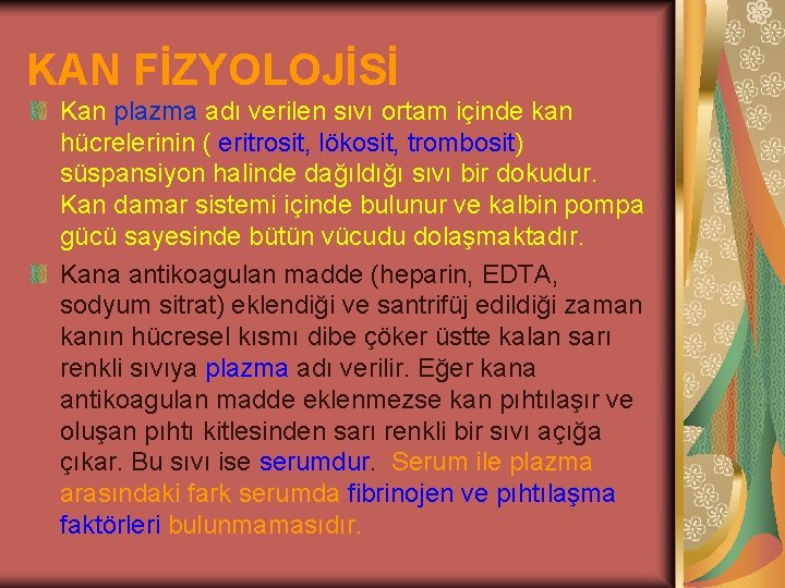 KAN FİZYOLOJİSİ Kan plazma adı verilen sıvı ortam içinde kan hücrelerinin ( eritrosit, lökosit,