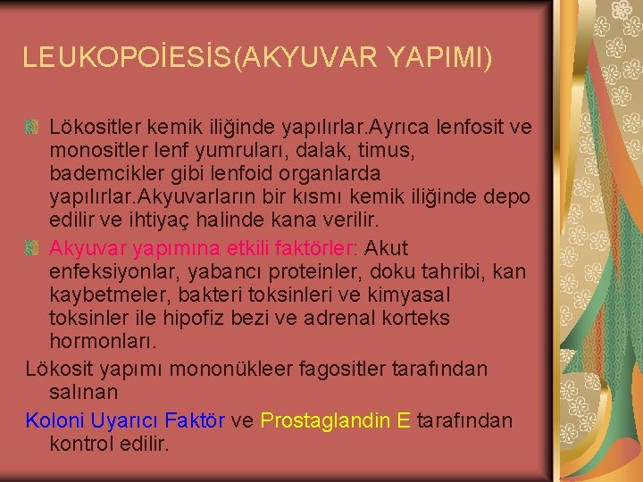 LEUKOPOİESİS(AKYUVAR YAPIMI) Lökositler kemik iliğinde yapılırlar. Ayrıca lenfosit ve monositler lenf yumruları, dalak, timus,