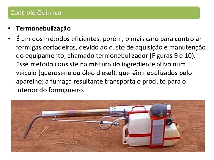 Controle Químico • Termonebulização • É um dos métodos eficientes, porém, o mais caro