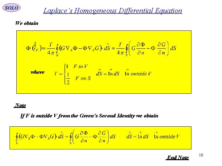 SOLO Laplace’s Homogeneous Differential Equation We obtain where Note If F is outside V