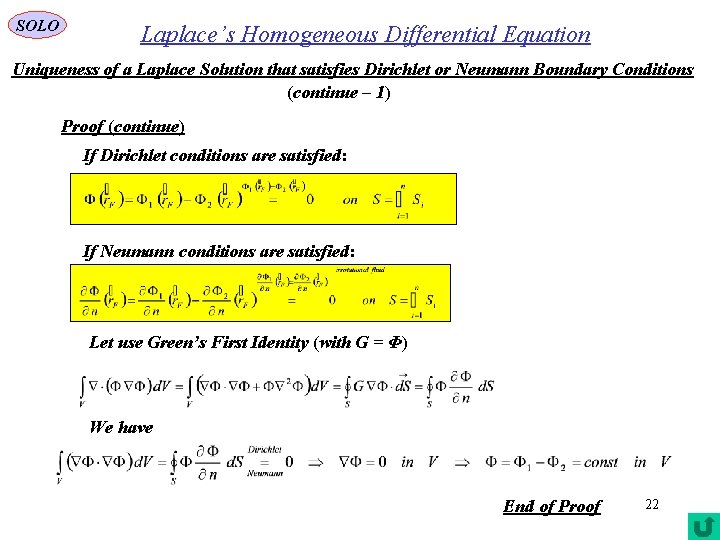 SOLO Laplace’s Homogeneous Differential Equation Uniqueness of a Laplace Solution that satisfies Dirichlet or