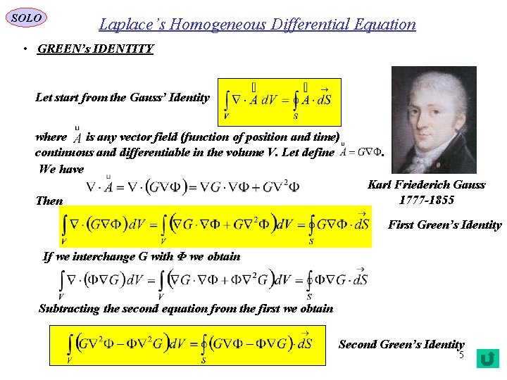 SOLO Laplace’s Homogeneous Differential Equation • GREEN’s IDENTITY Let start from the Gauss’ Identity