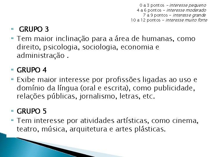 0 a 3 pontos - interesse pequeno 4 a 6 pontos - interesse moderado