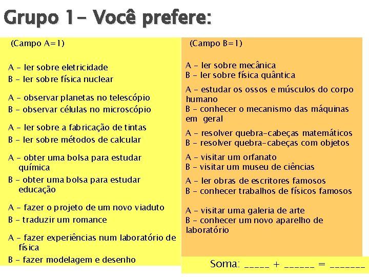 Grupo 1 - Você prefere: (Campo A=1) A - ler sobre eletricidade B -