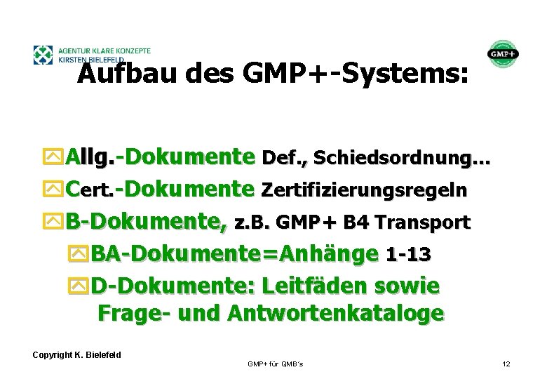 + Aufbau des GMP+-Systems: y. Allg. -Dokumente Def. , Schiedsordnung. . . y. Cert.