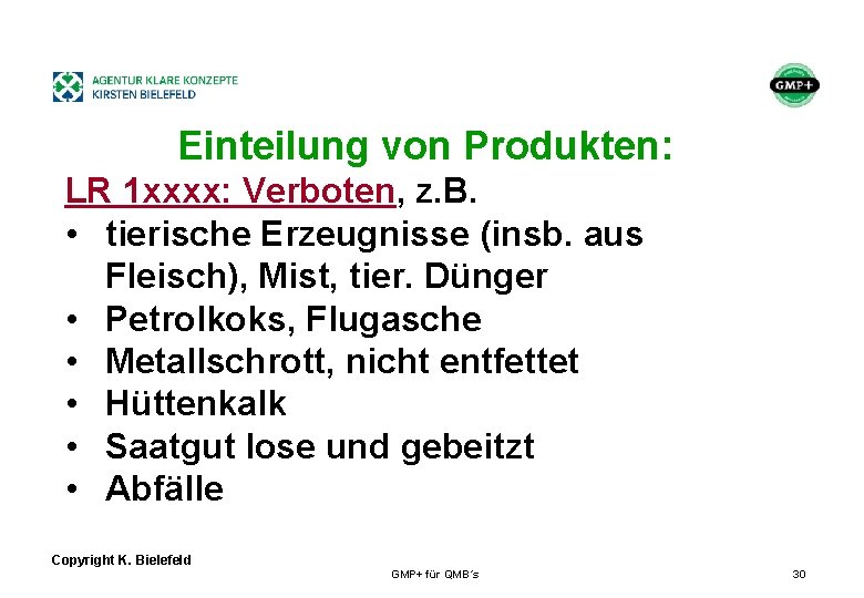 + Einteilung von Produkten: LR 1 xxxx: Verboten, z. B. • tierische Erzeugnisse (insb.