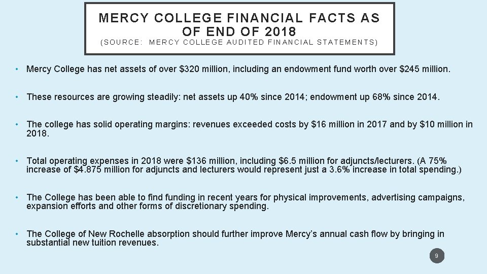 MERCY COLLEGE FINANCIAL FACTS AS OF END OF 2018 (SOURCE: MERCY COLLEGE AUDITED FINANCIAL