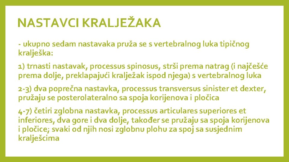 NASTAVCI KRALJEŽAKA - ukupno sedam nastavaka pruža se s vertebralnog luka tipičnog kralješka: 1) NASTAVCI KRALJEŽAKA - ukupno sedam nastavaka pruža se s vertebralnog luka tipičnog kralješka: 1)