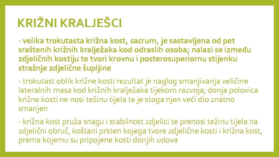 KRIŽNI KRALJEŠCI - velika trokutasta križna kost, sacrum, je sastavljena od pet sraštenih križnih KRIŽNI KRALJEŠCI - velika trokutasta križna kost, sacrum, je sastavljena od pet sraštenih križnih