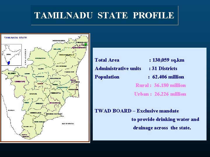TAMILNADU STATE PROFILE Total Area : 130, 059 sq. km Administrative units : 31
