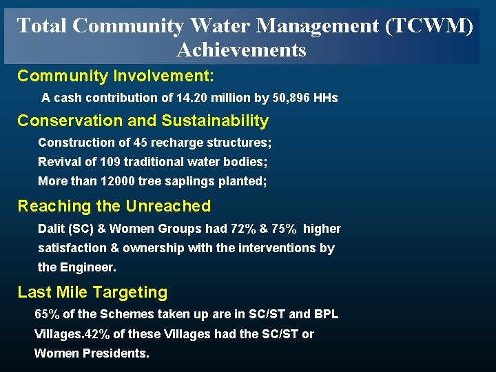  Total Community Water Management (TCWM) Achievements Community Involvement: A cash contribution of 14.