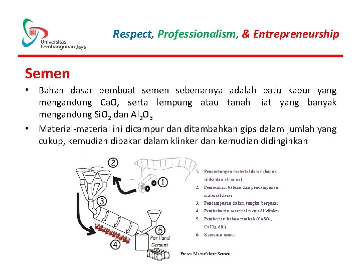 Respect, Professionalism, & Entrepreneurship Semen • Bahan dasar pembuat semen sebenarnya adalah batu kapur