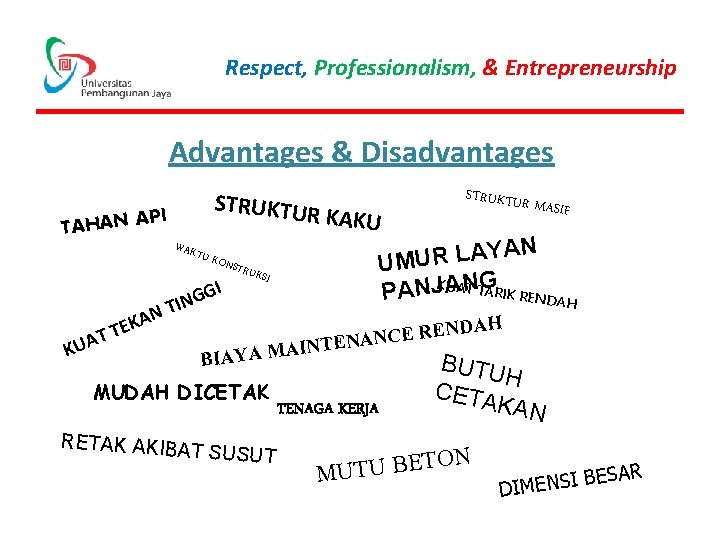 Respect, Professionalism, & Entrepreneurship Advantages & Disadvantages STRUKTUR PI TAHAN A STRUKTU KAKU R