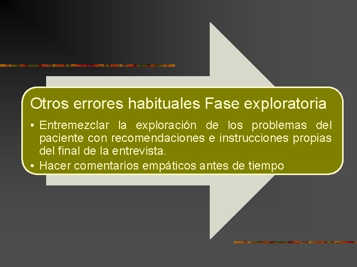Otros errores habituales Fase exploratoria • Entremezclar la exploración de los problemas del paciente Otros errores habituales Fase exploratoria • Entremezclar la exploración de los problemas del paciente