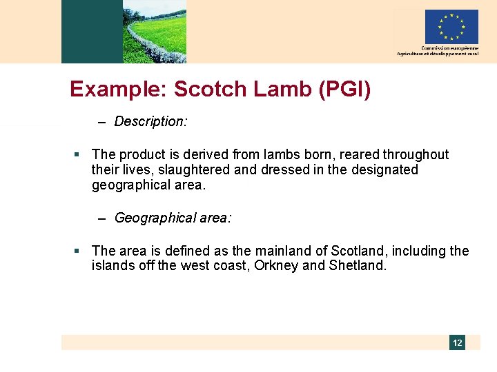 Example: Scotch Lamb (PGI) – Description: § The product is derived from lambs born,