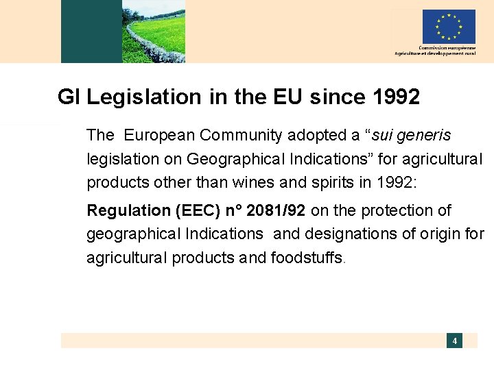 GI Legislation in the EU since 1992 The European Community adopted a “sui generis