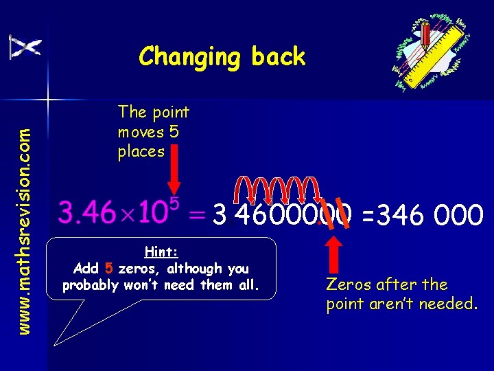 www. mathsrevision. com Changing back The point moves 5 places 3. 4600000. =346 000