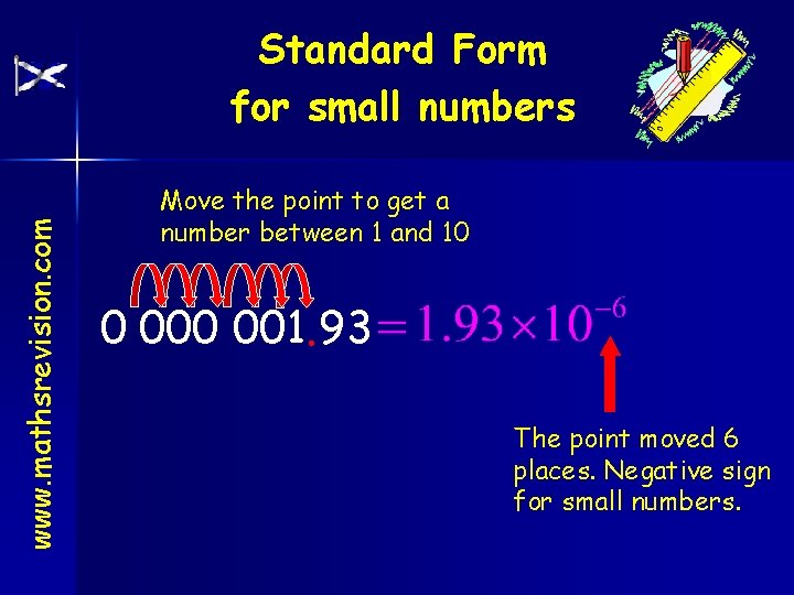 www. mathsrevision. com Standard Form for small numbers Move the point to get a