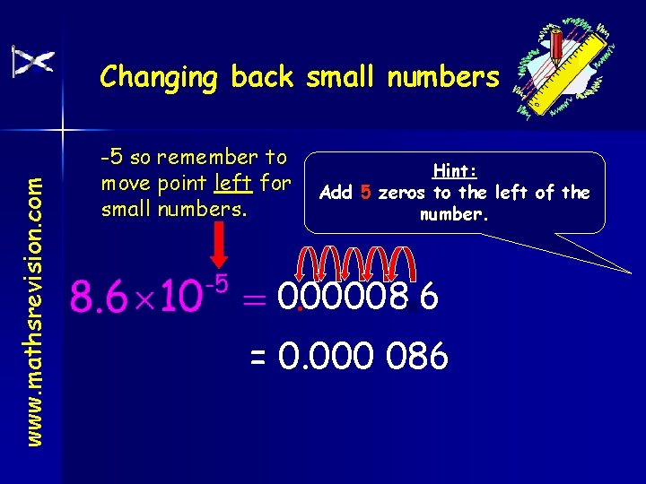 www. mathsrevision. com Changing back small numbers -5 so remember to move point left