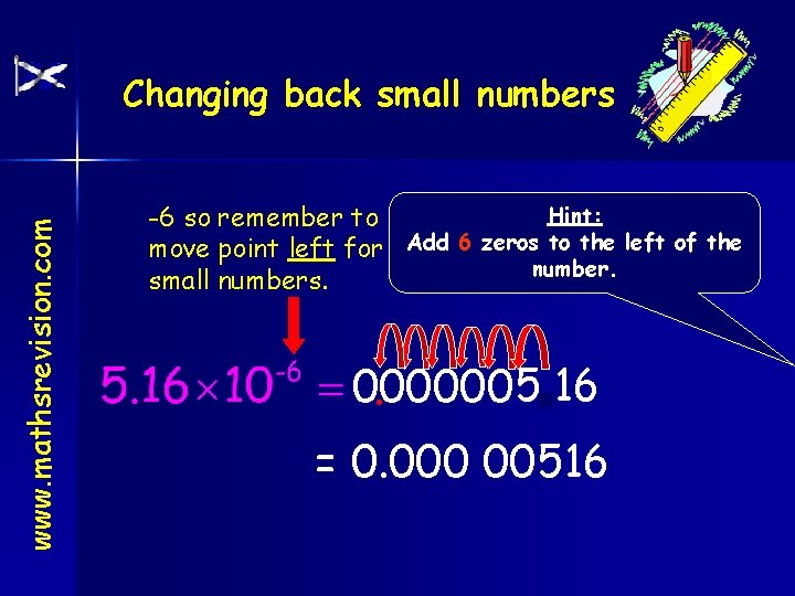 www. mathsrevision. com Changing back small numbers Hint: -6 so remember to move point