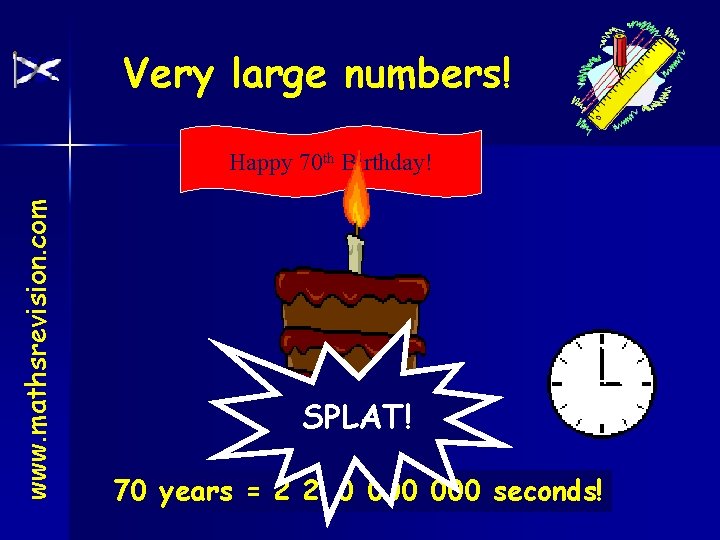 Very large numbers! www. mathsrevision. com Happy 70 th Birthday! SPLAT! Howyears many= seconds