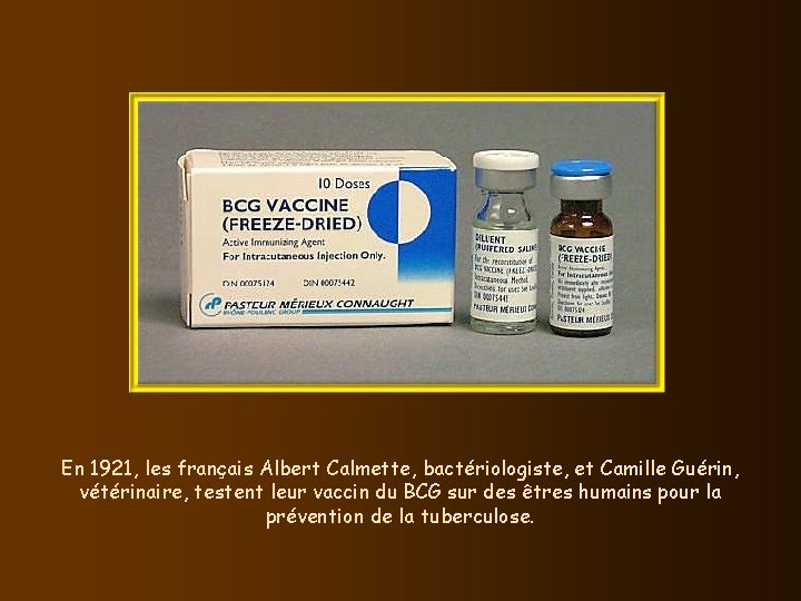 En 1921, les français Albert Calmette, bactériologiste, et Camille Guérin, vétérinaire, testent leur vaccin