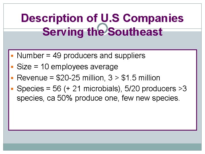 Description of U. S Companies Serving the Southeast § Number = 49 producers and