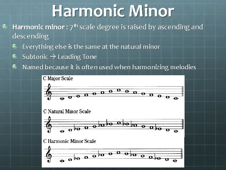 Harmonic Minor Harmonic minor : 7 th scale degree is raised by ascending and