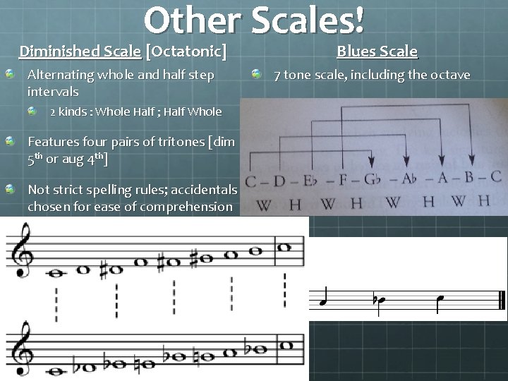 Other Scales! Diminished Scale [Octatonic] Alternating whole and half step intervals 2 kinds :