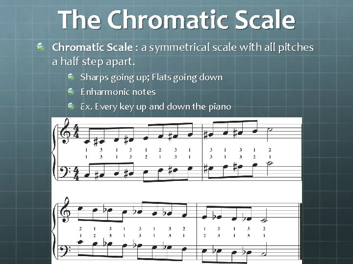 The Chromatic Scale : a symmetrical scale with all pitches a half step apart.