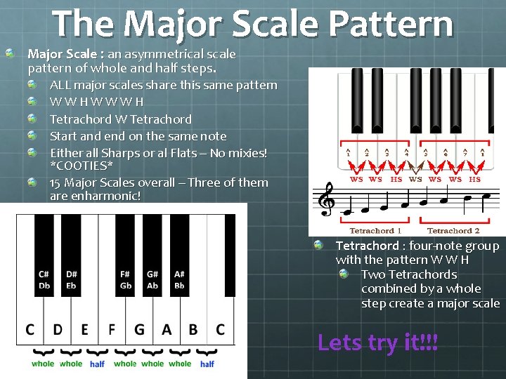 The Major Scale Pattern Major Scale : an asymmetrical scale pattern of whole and