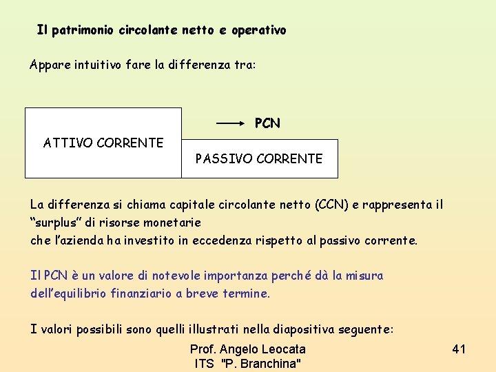 Il patrimonio circolante netto e operativo Appare intuitivo fare la differenza tra: PCN ATTIVO