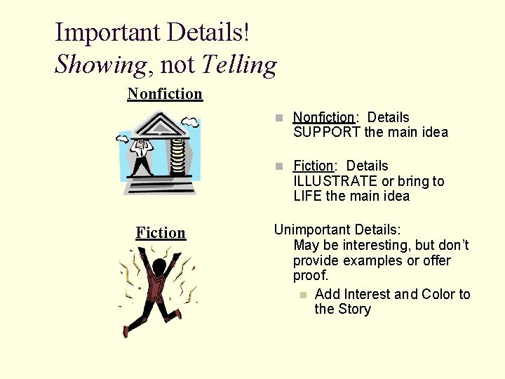 Important Details! Showing, not Telling Nonfiction n Nonfiction: Details SUPPORT the main idea n