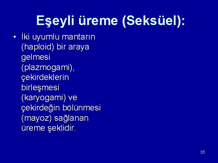  Eşeyli üreme (Seksüel): • İki uyumlu mantarın (haploid) bir araya gelmesi (plazmogami), çekirdeklerin