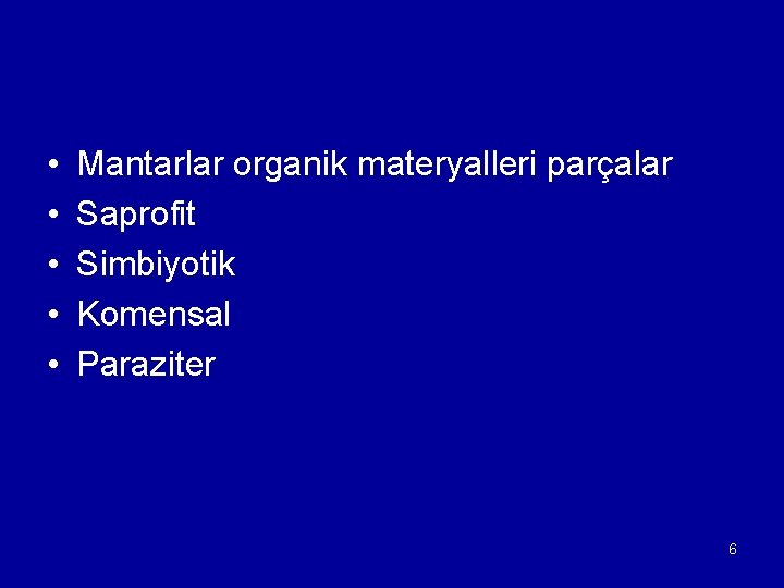  • • • Mantarlar organik materyalleri parçalar Saprofit Simbiyotik Komensal Paraziter 6 