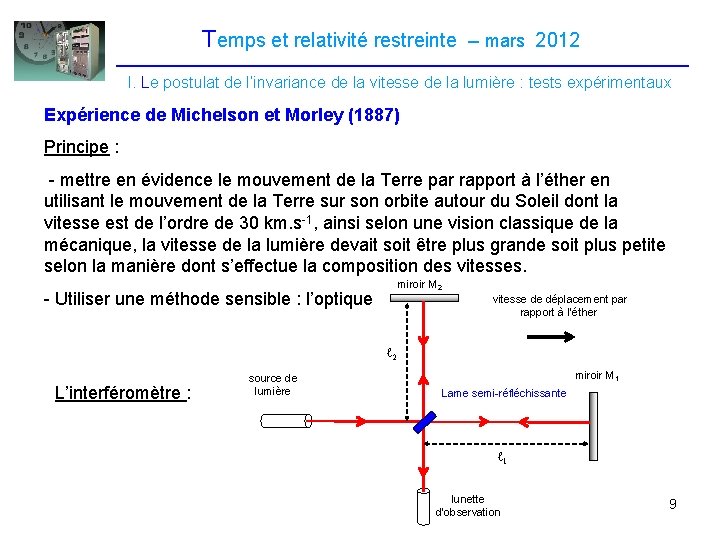 Temps et relativité restreinte – mars 2012 I. Le postulat de l’invariance de la