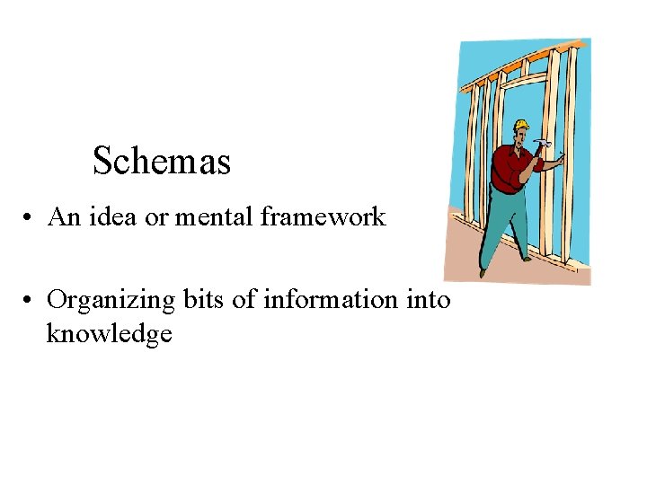 Schemas • An idea or mental framework • Organizing bits of information into knowledge
