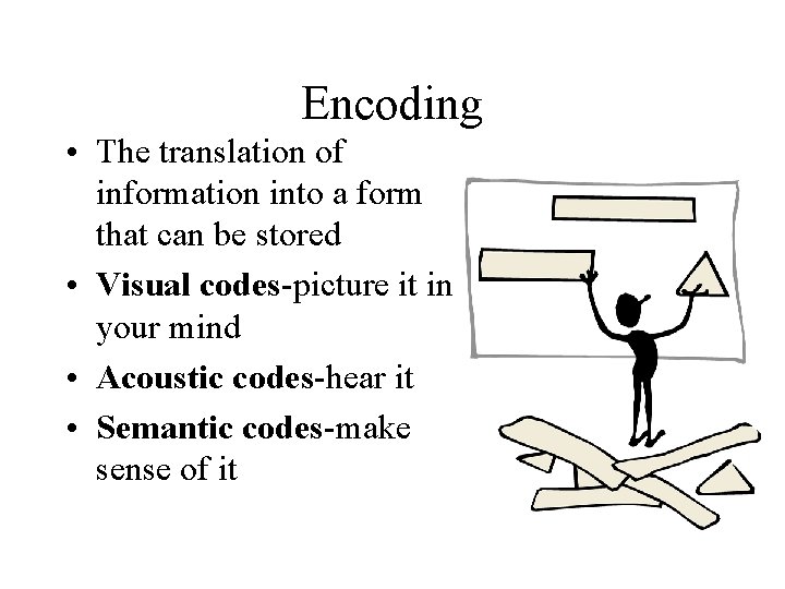 Encoding • The translation of information into a form that can be stored •