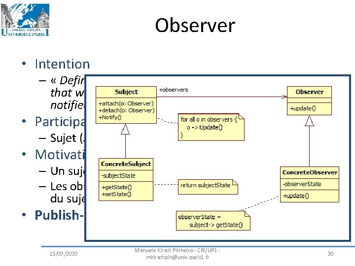 Observer • Intention – « Define a one-to-many dependency between objects so that when