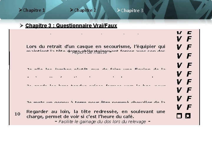 ØChapitre 1 ØChapitre 2 ØChapitre 3 Ø Chapitre 3 : Questionnaire Vrai/Faux 1 2